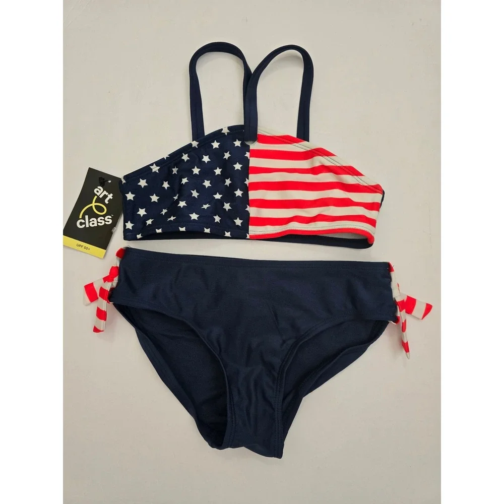 Art Class Girls Americana Stars and Stripes Bikini Navy Red White Size M 8 NWT